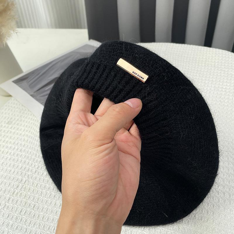 Rabbit Hair Beret Hat for Women Autumn Winter Korean Gray Painter Hats Retro Iron Logo Yarn Bud Caps