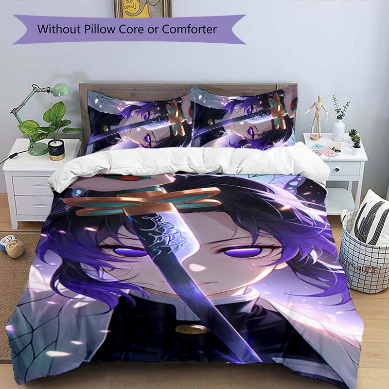 3pcs Kochou Shinobu2 Design Cover Set - HD Printed Bedding with 1 Cover and 2 Pillowcases - Perfect for Home and Dorm Decor