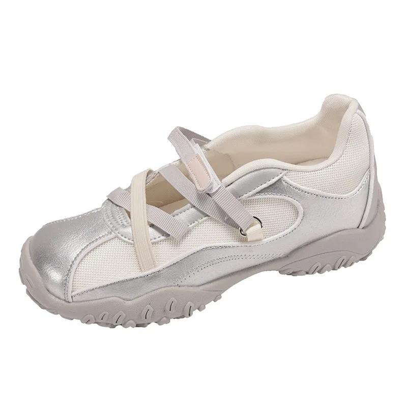 Летние туфли в балетном стиле на толстом каблуке, повседневные спортивные туфли Deqin, женские туфли Мэри Джейн с открытым носком, дышащие, в полоску, из синтетической кожи