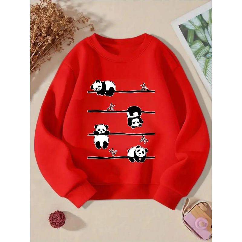 European sizes Kids' Round-Neck Hoodie | Panda Climbing Tree Branches Pattern, , Sportswear and Casual Wear, Soft and Comfortable
