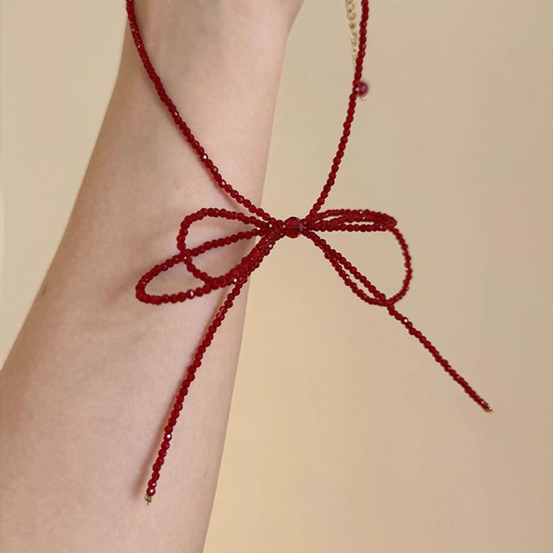 Female Red Beads Ins Style Necklace Accessories High Class Red Bow White Necklace Choker Clavicle Chain