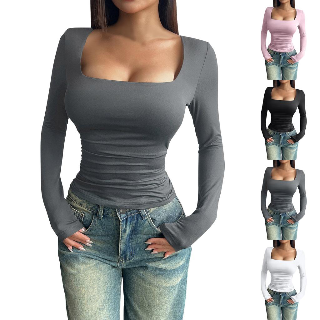 Women's Fashion Solid Color Square Neck Long Sleeve Pullover Slim Casual Top