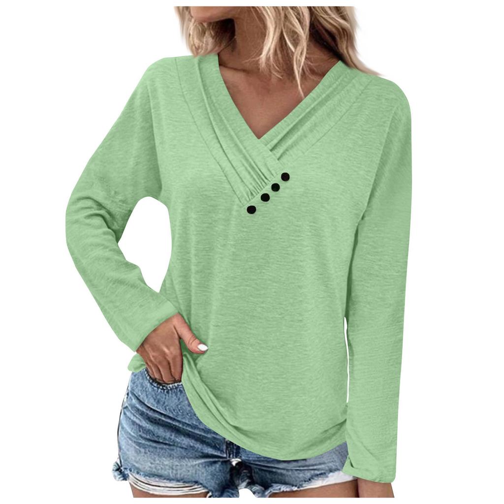 Women's Fashion Casual Color Chest Panel Ruched Button V Neck Long Sleeve Ladies Long Top