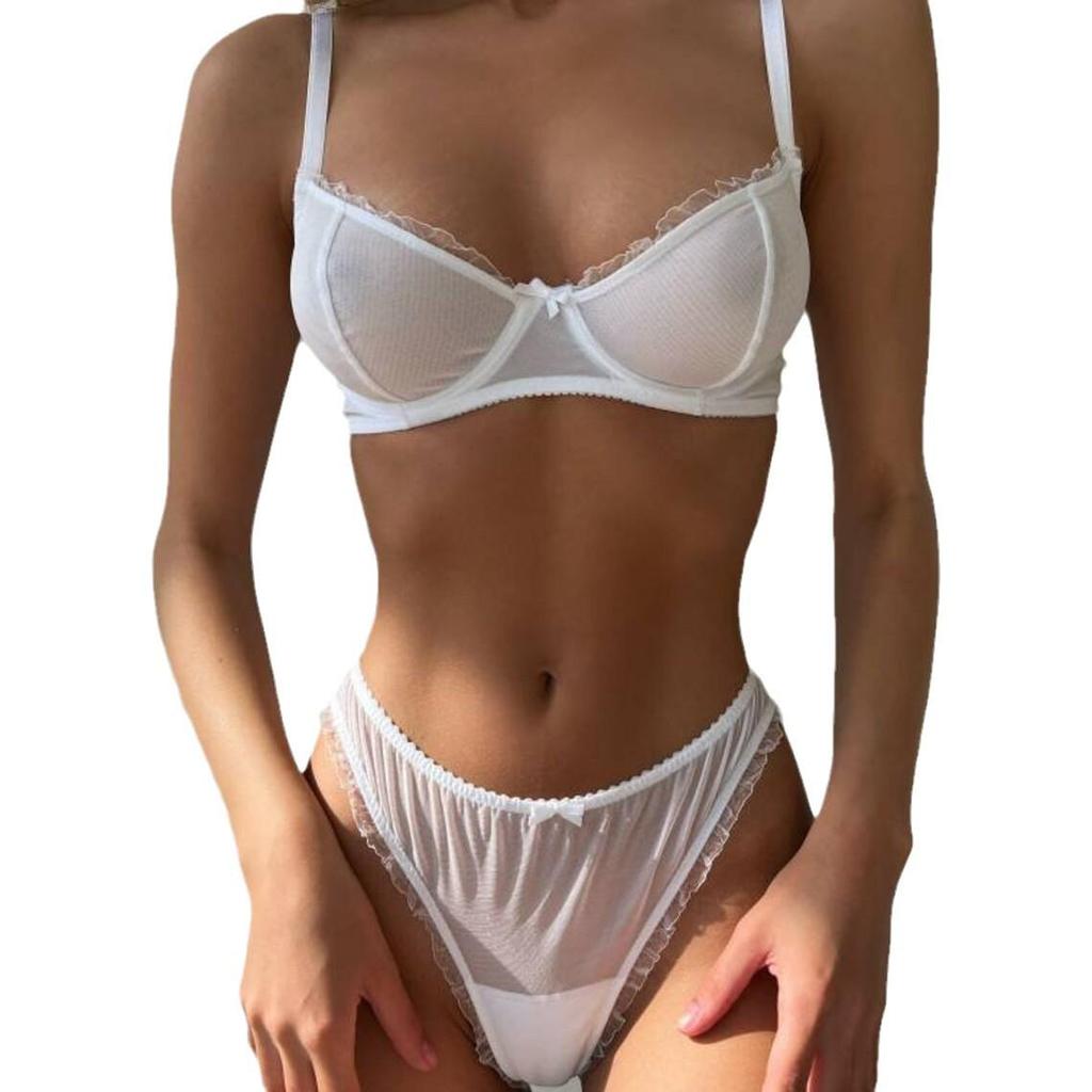 Белый полупрозрачный комплект нижнего белья большого размера с оборкой и бантом - XXL