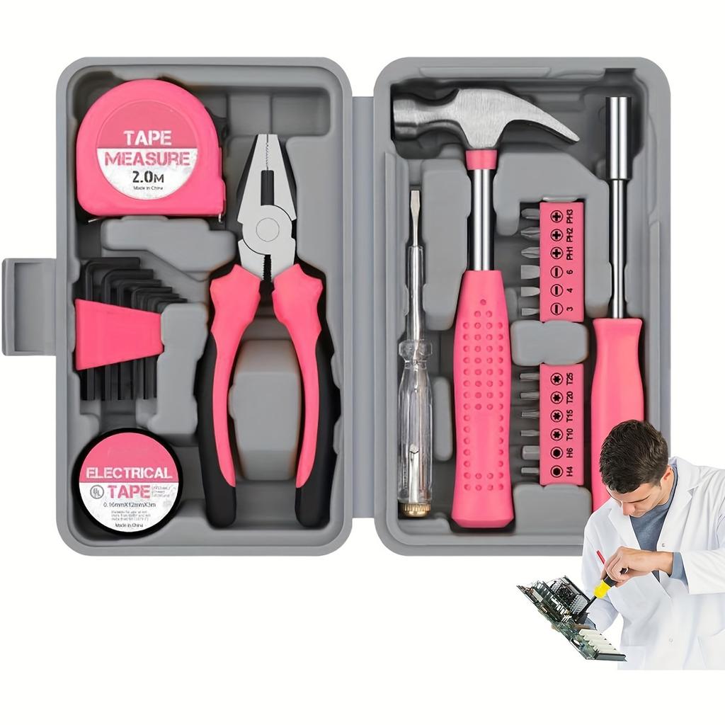 Tool Set 24pcs Pink Household DIY Tool Kit for Women. Small Mini Tool Box Set of Starter Basic Ladies Tools