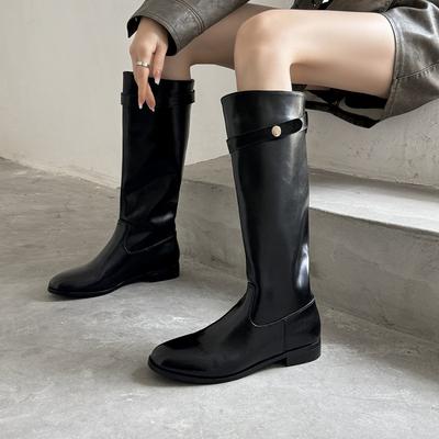 Золотая монета толстый каблук толстая подошва средней длины рыцарские сапоги женские осенне-зимние высокие сапоги 2025 новинка.