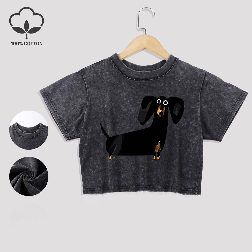 Забавные хлопковые футболки с принтом собаки таксы, выстиранные, летние кроп-топы с кружевной отделкой по низу, обычного кроя, с круглым вырезом и короткими рукавами, повседневная одежда