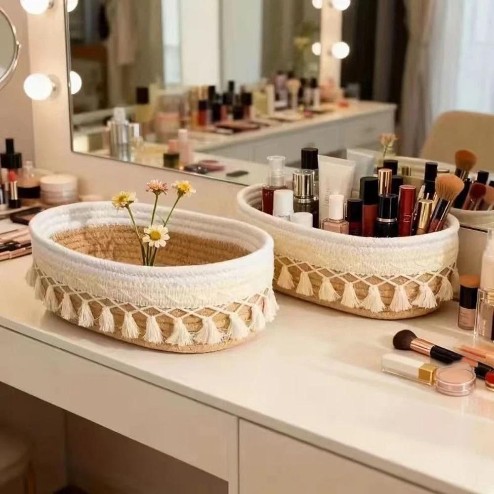 Богемная Современная Корзина для Хранения Косметики из Хлопкового Шнура с Декоративными Кисточками