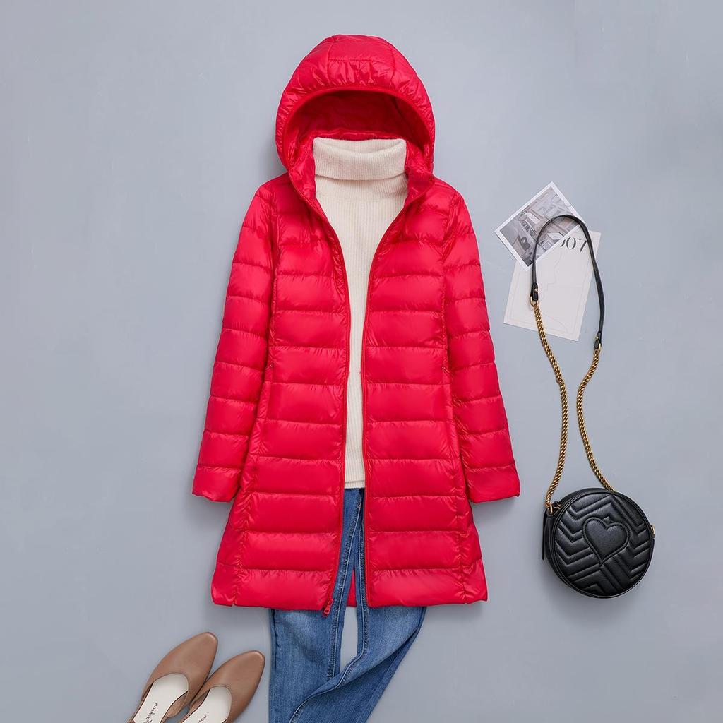 FASHION  Light Down Jacket Women's Medium  Long Fattened Plus Size Removable Cap Lightweight Ultra-thin Jacket Tide Clothes