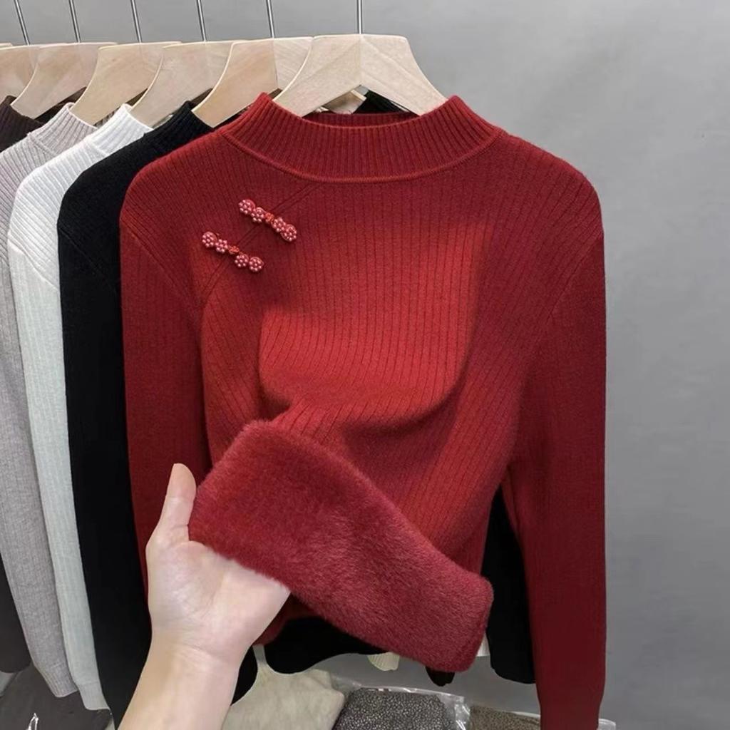 Women Half Turtleneck Plus Velvet Thicken Sweaters Winter Casual Fleece Lined Soft Pullover Warm Long Sleeve Knitted Tops