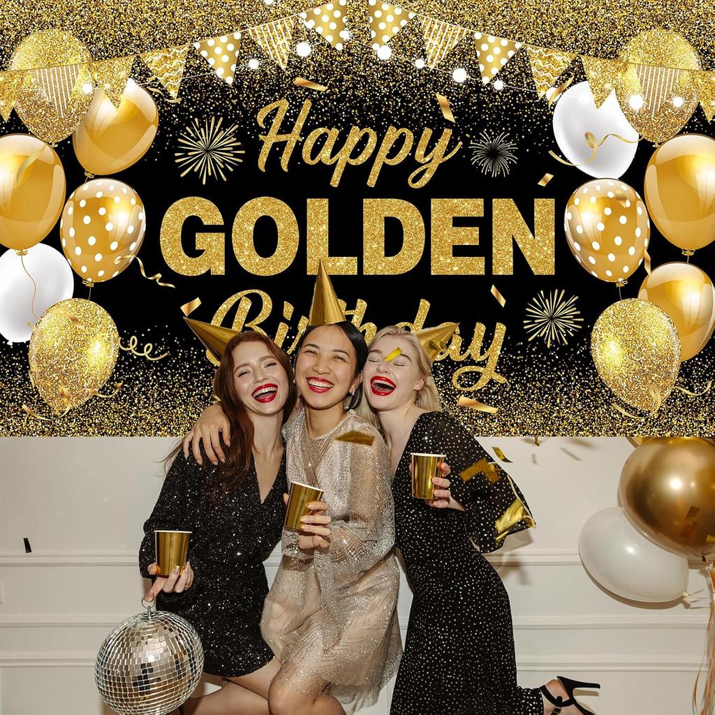 Черно-золотой баннер «Счастливый золотой день рождения» - Большой золотой фон для декора дня рождения для взрослых - Роскошные золотые украшения для вечеринки на 21-й, 30-й, 40-й,