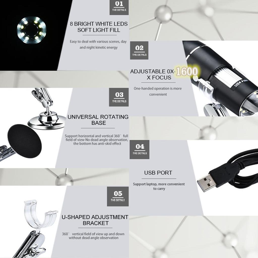 Цифровой USB-микроскоп 1600X для ручного обнаружения промышленного вида с 8 белыми светодиодами