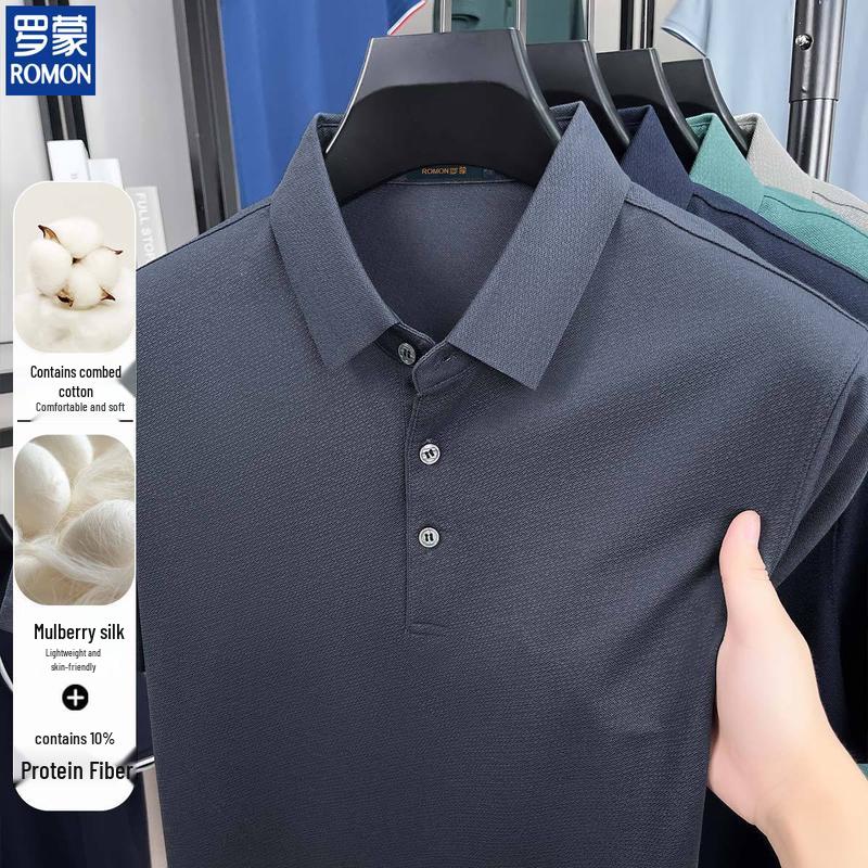 ROMON Men's 10% Silk Blend Casual Polo T-shirt
