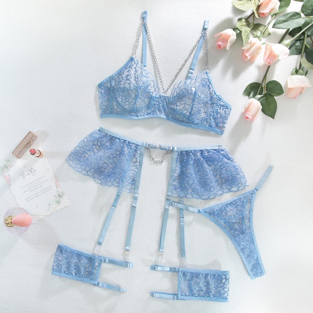 Women Floral Embroidered Metal Chain Sexy Lingerie Set with Leg Ring Lace Underwear Cut Bra & Brief Sets Garter Intimates