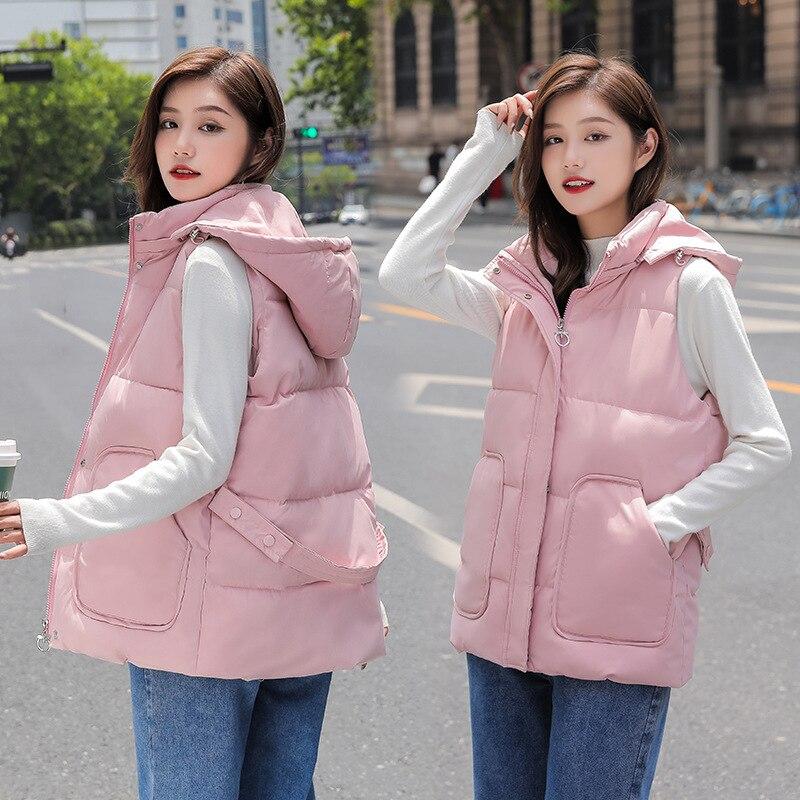 Women Autumn Winter Short Hooded Vest Coat With Belt Outwear Overcoat Oversized Puffer Jacket Cotton Padded Parkas Waistcoat