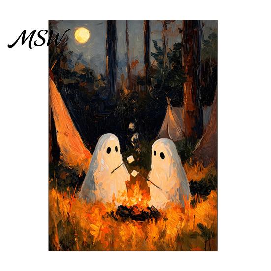 Seasonal Home Accents Vintage Cute Ghost Canvas Wall Art, Spooky 2 Ghosts Campfire Poster Hanging Poster, Gothic Halloween Decoration for Bedroom
