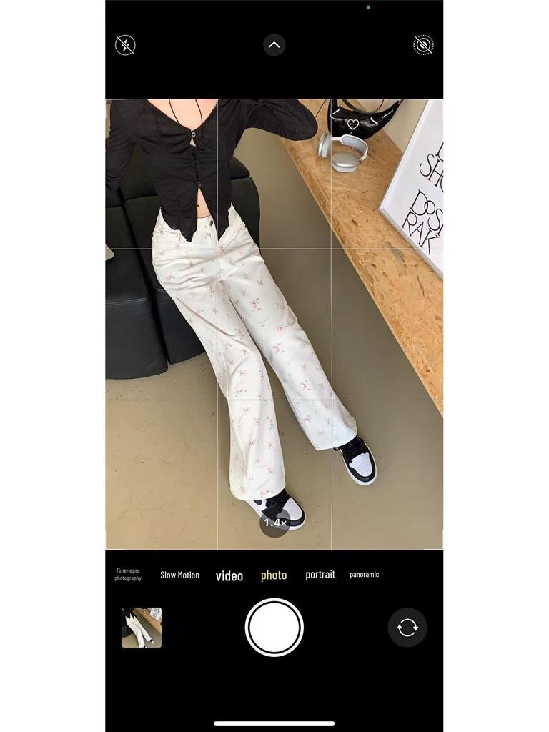 2024 Women's White Slim Straight-Leg Floral Jeans - Versatile, Loose, Drapey Fit for Summer