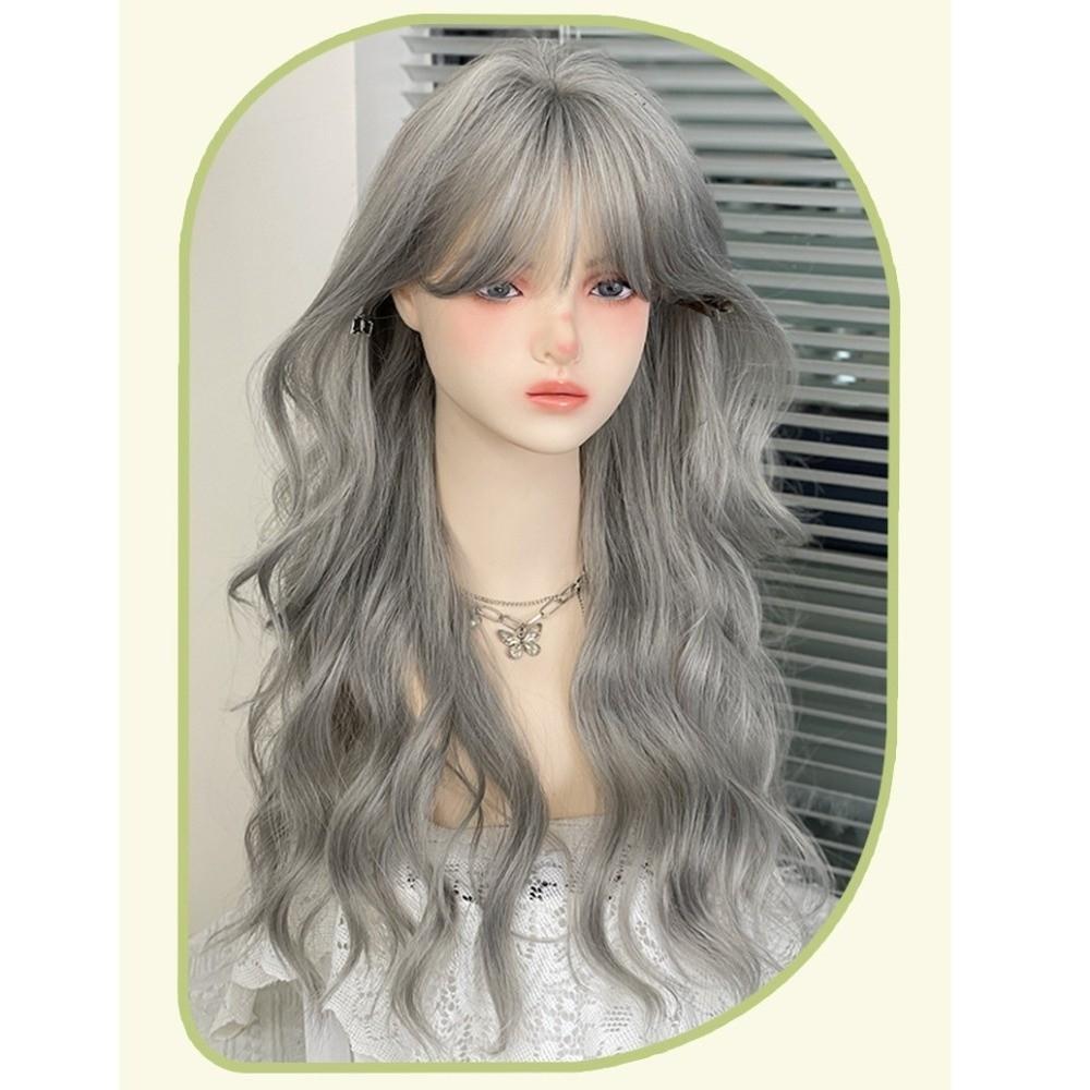 Air Bangs Grey Cosplay Wigs with Bangs Halloween Lolita Headband Wigs Long Curly Wave Hair Girl
