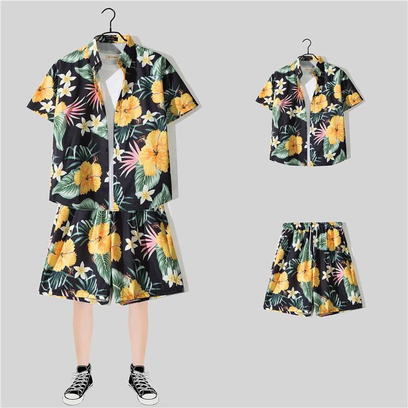 Мужская летняя дорожная однобортная рубашка с коротким рукавом, гавайский пляжный комплект, шорты, повседневные костюмы для отпуска