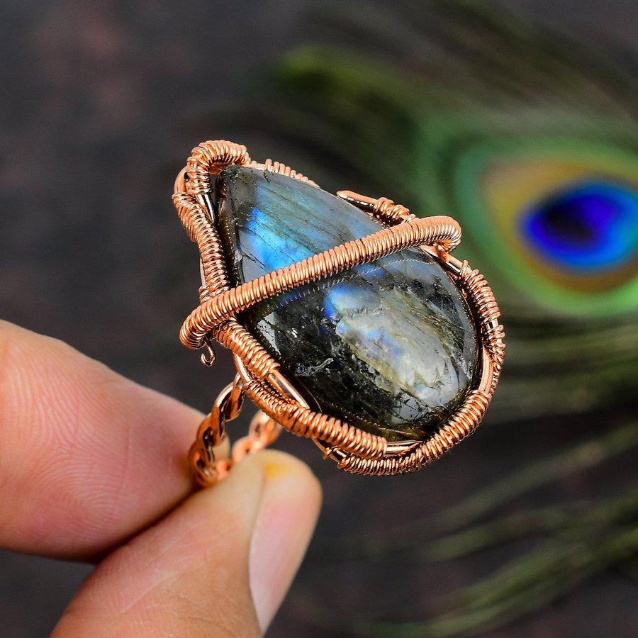Natural Labradorite Gemstone Handmade Copper Wire Wrap Gift Ring Size 9 o9J76
