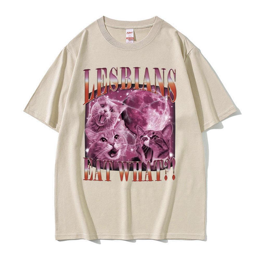 What Cat Meme Graphic Does A Lesbian Eat? 2025 Summer Printed Pure Cotton Fashion Hip-hop High Street Loose Casual T-shirt