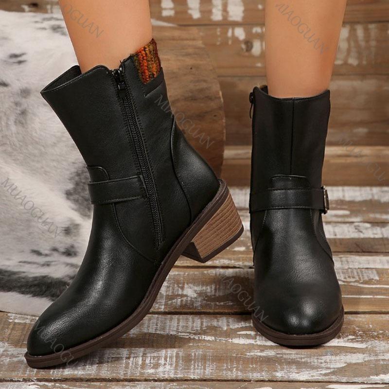 Модные замшевые ботинки до середины икры с ремешком с пряжкой для женщин Весна Осень Боковая молния Модная женская обувь Гладиатор Толстый средний каблук Ботильоны