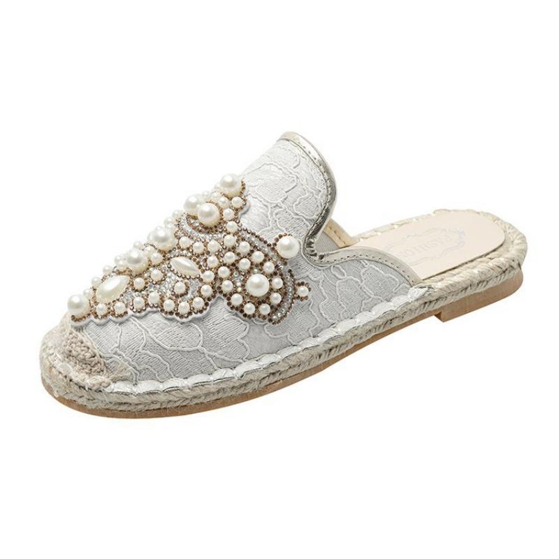 Весна новая повседневная обувь на плоской подошве с круглым носком, плетёная из соломы с лозой, обувь рыбака, женская обувь, универсальная, с бисером, женские туфли