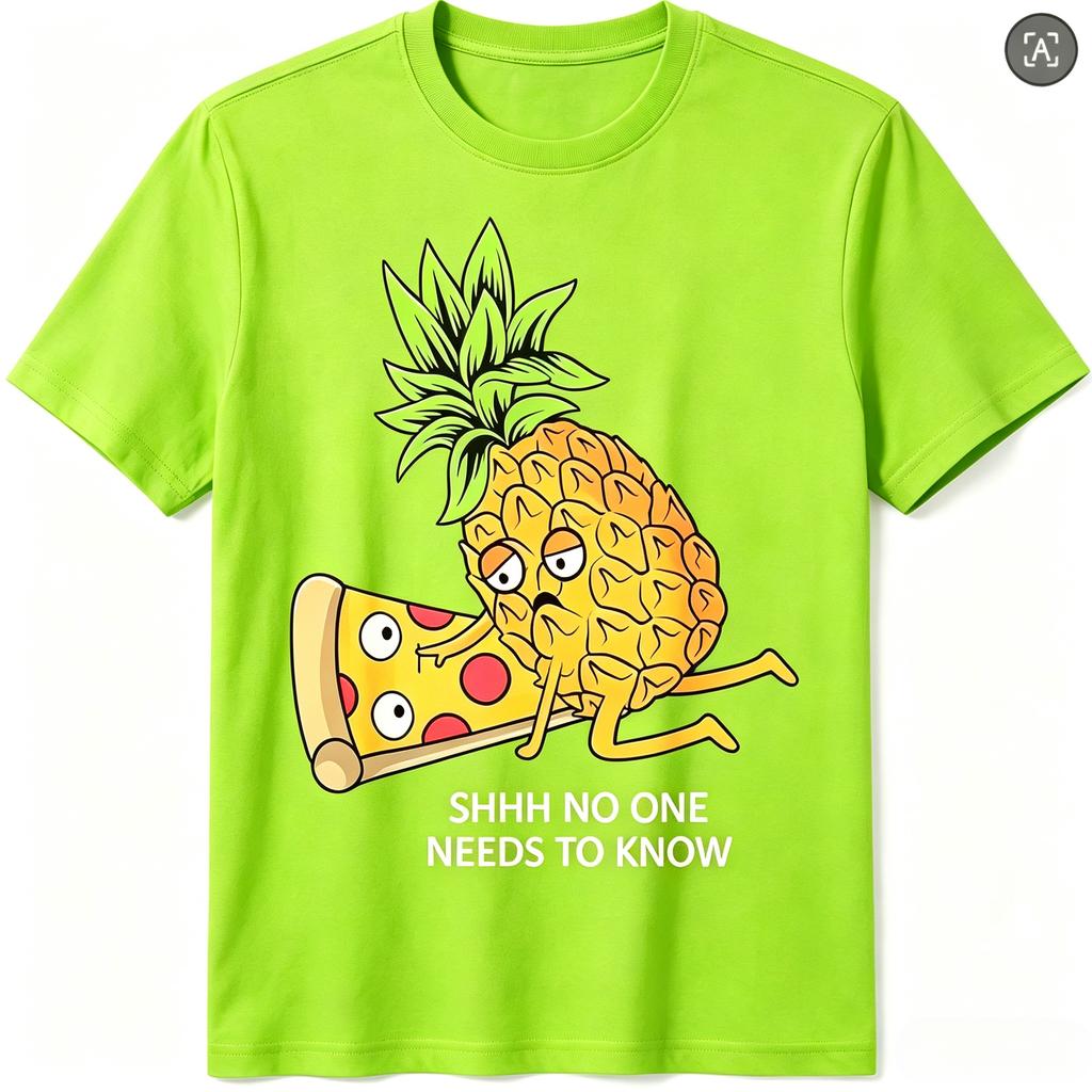 Men Women Funny Pineapple Pizza T-Shirt Shhh No One Needs To Know Graphic Tee Summer Casual Short Sleeve Food Meme Tops