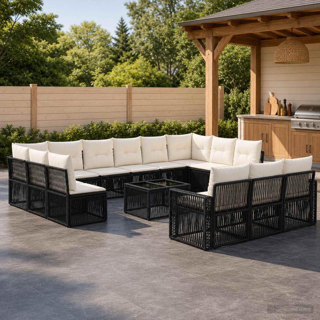 Garden Sofa Set 14 pcs Black and Cream White Poly Rattan