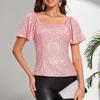 Women Tops Square Collar Puff Short Sleeve Sequin Tops Glitter Sparkling Party Blouse
