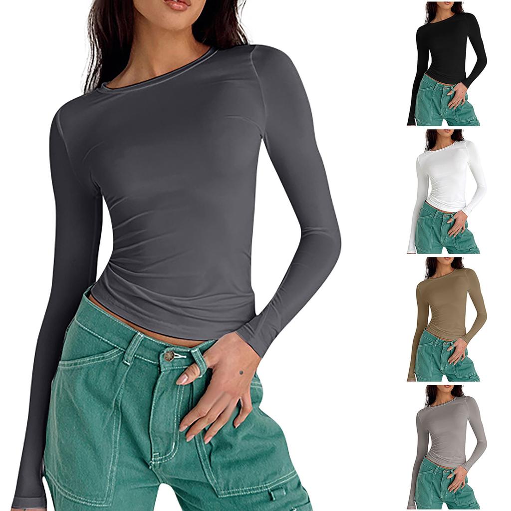 Женская модная однотонная футболка с круглым вырезом и длинными рукавами, топ