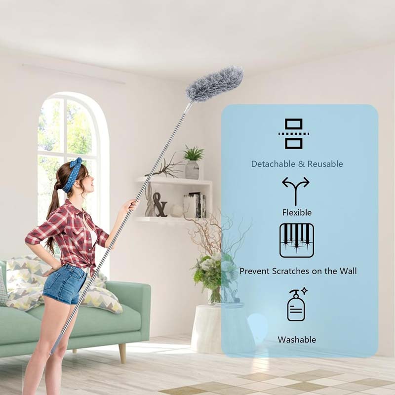 Выдвижная тряпка из перьев, гибкая тряпка из микрофибры с удлинительной штангой длиной 30–100 дюймов, длинная тряпка с силиконовым колпачком и средством для чистки штор.