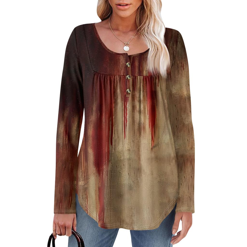 Женская туника с длинным рукавом, свободные топы, повседневные топы оверсайз, плиссированная туника, застегивающаяся на пуговицы, повседневные женские топы с принтом
