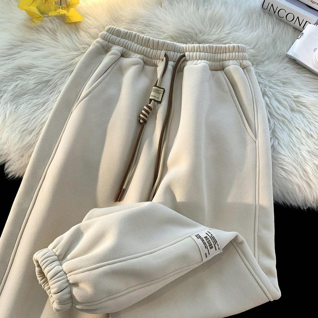 Velvet Thickened Sweatpants for Girls Autumn and Winter Pants Loose Straight Wide-leg Pants Casual Sports Tying Pants