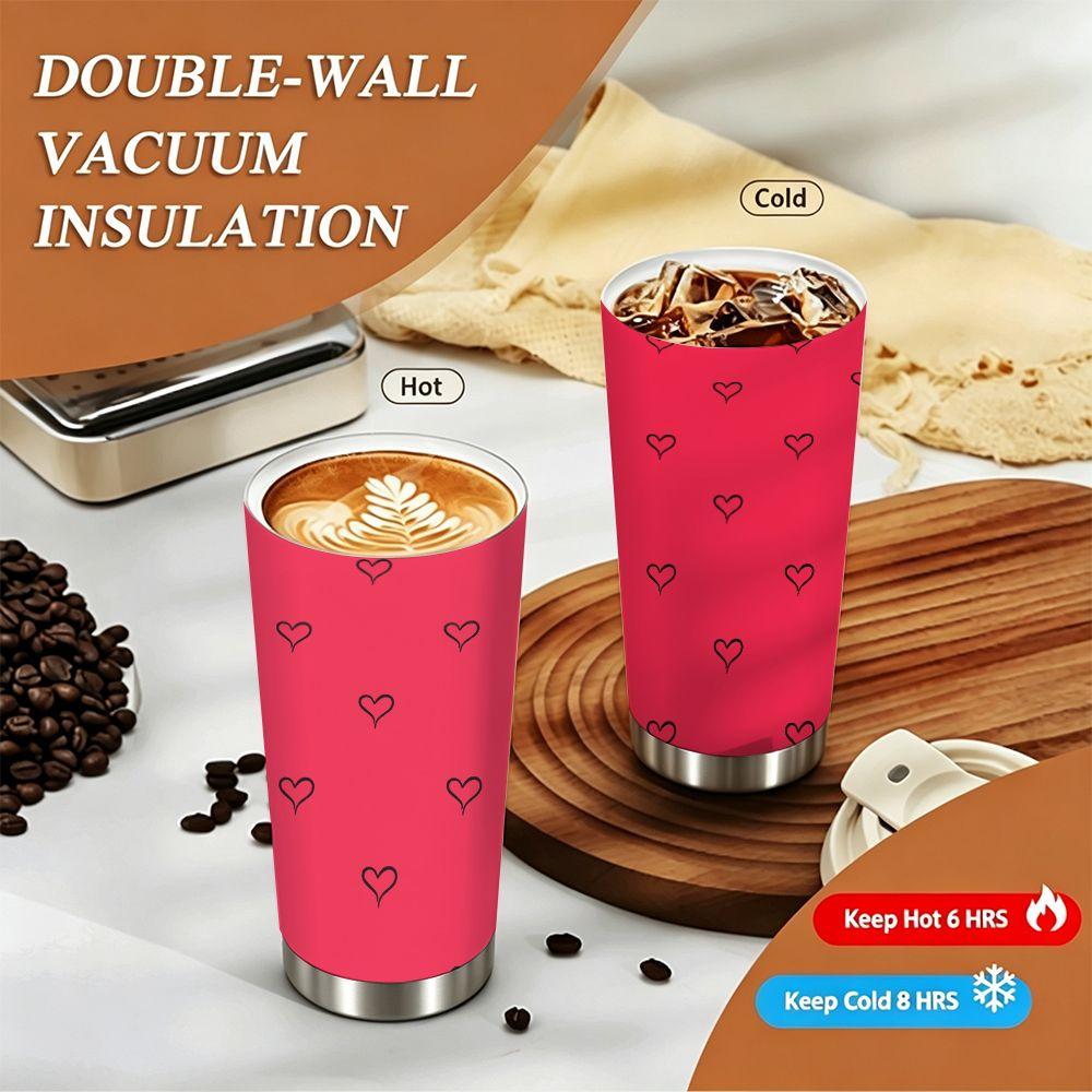 Cute Hand-Drawn Red Heart Pattern Insulated Coffee Tumbler Stainless Steel Travel Mug Reusable Vacuum Cup for Hot Cold Drinks Gift