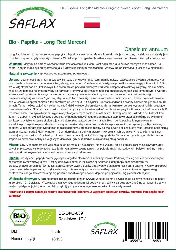 SAFLAX Garden in the Bag - Органический - Перец сладкий - Маркони длинный красный - 20 семян - С субстратом в подходящем пакете-стойке - Capsicum annuum