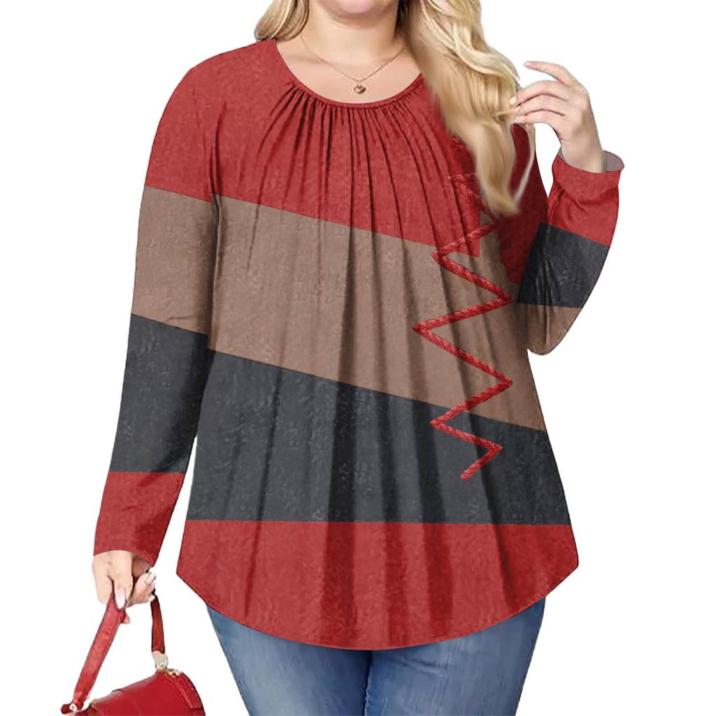 Женский модный топ большого размера с принтом, повседневный плиссированный, с круглым вырезом и длинными рукавами