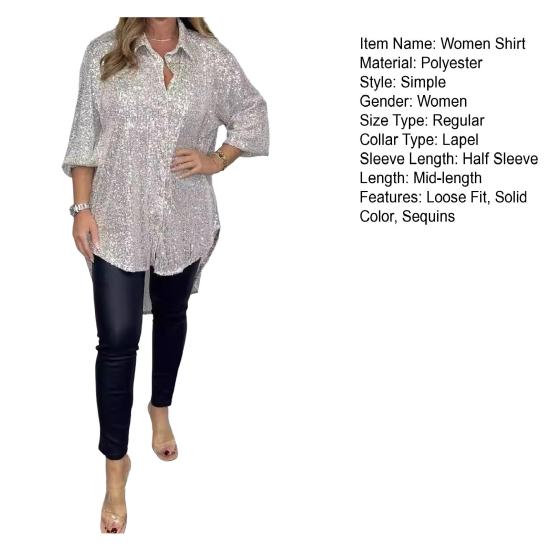 Женская рубашка с отворотом, рукавом до локтя, однобортная рубашка свободного кроя, топы с блестками, повседневная рубашка средней длины