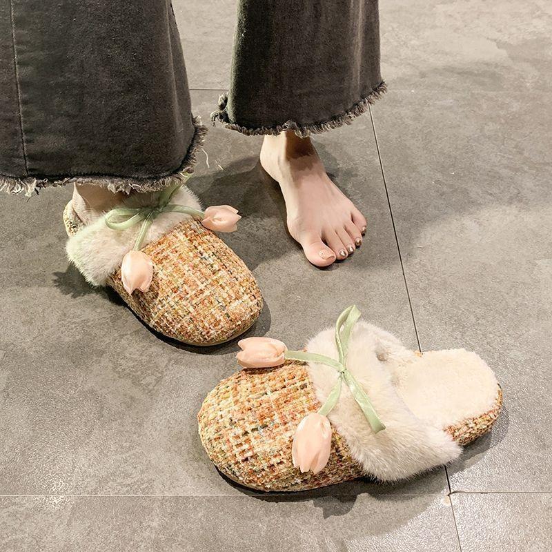 Fashion and Cute Warm Bag Head Fluffy Slippers Women Wear Autumn and Winter New Flower Bag Head Cotton Slippers Women