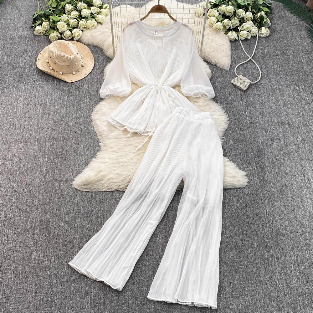 Весна-лето Женский плиссированный комплект из двух предметов Элегантная шифоновая блузка с V-образным вырезом и драпировкой + широкие брюки с высокой талией Костюм из 2 предметов для женщин Новый