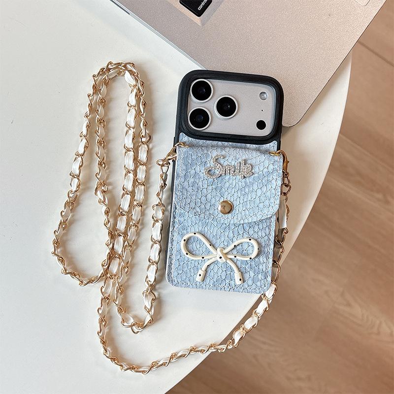 For Apple 16plus Crossbody Coin Purse Mobile Phone Case for IPhone17 Bow Tie Snakeskin Pattern Card Holder 14 Imitation Leather 15
