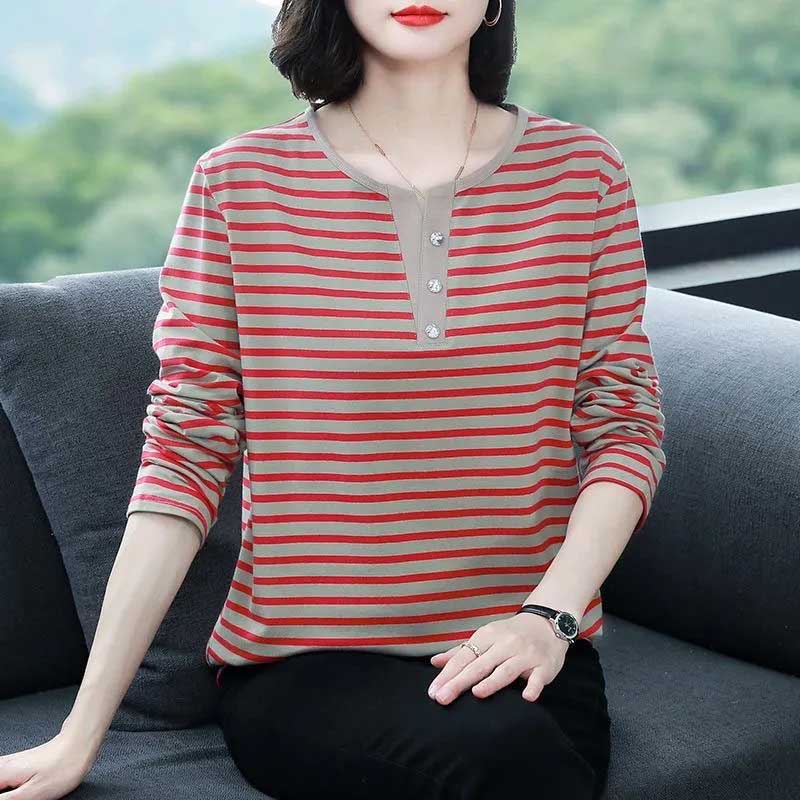 T-Shirt Tops Women Oversized Blouse Stripe Stretch Long Sleeve T-Shirt Round Neck Loose Tops