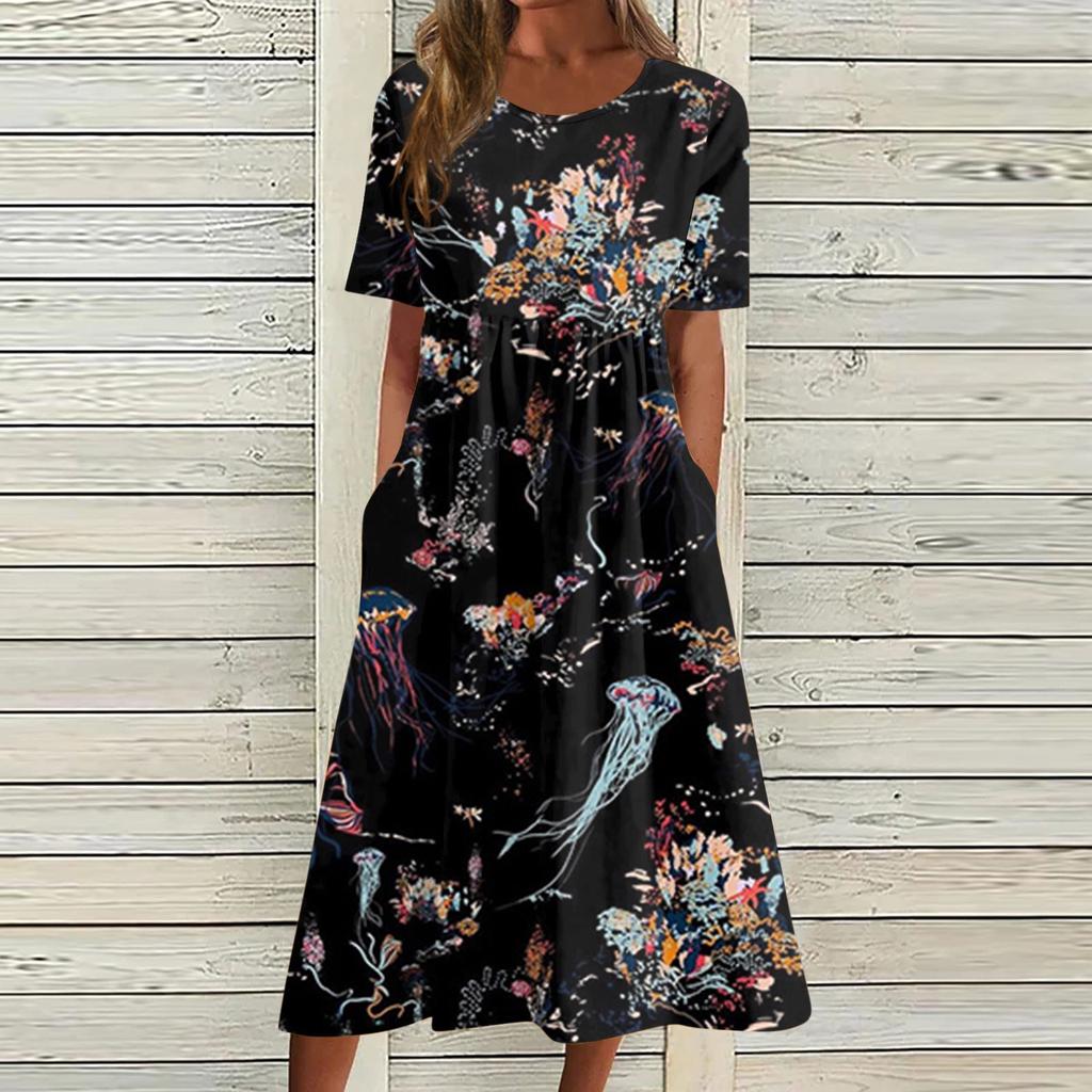 Women's Casual Dresses Printed Dresses Summer Dresses Printed Pleated Round Neck Midi Dresses Basic Classic Outdoor Daily Short Sleeve Loose Dresses