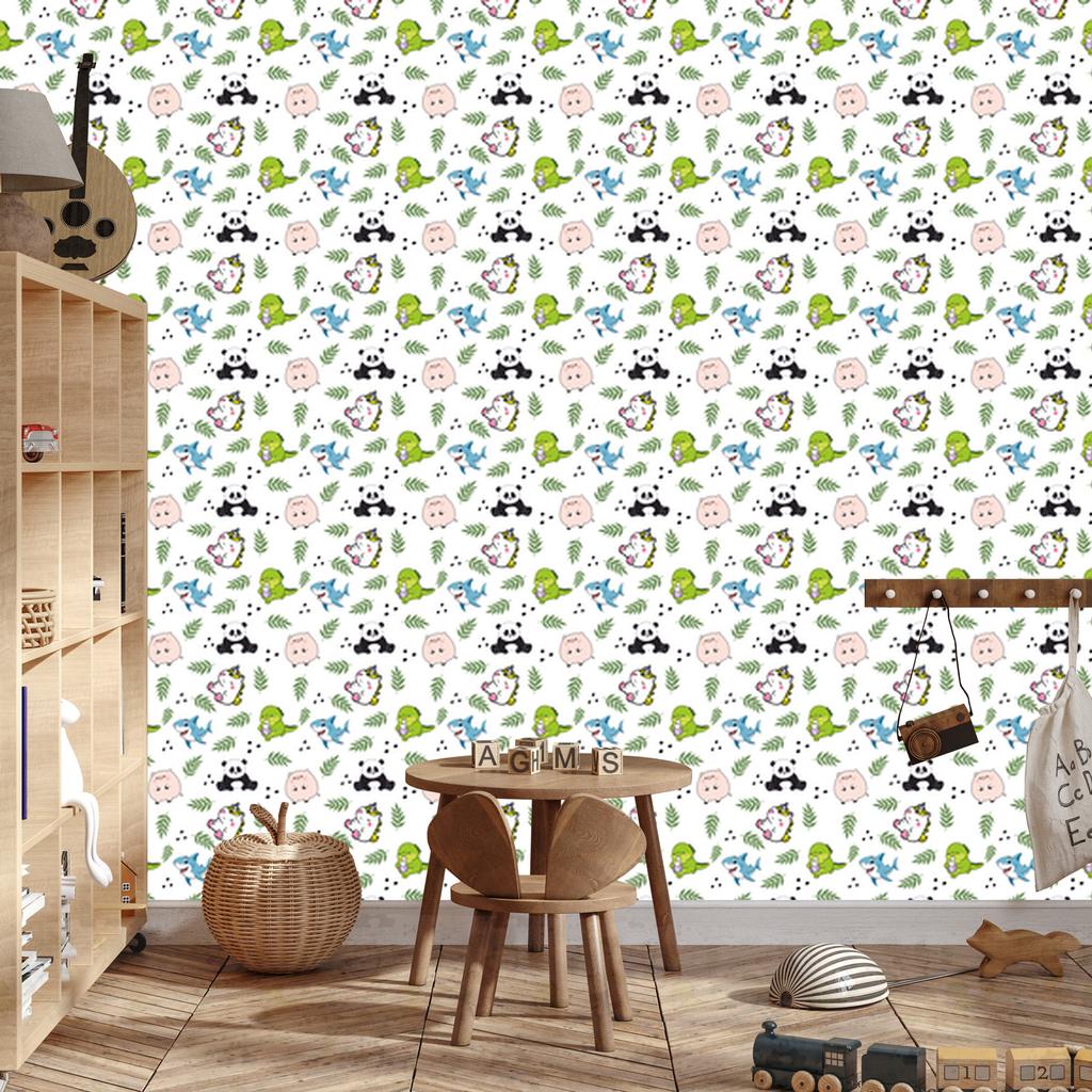 Animals wallpaper white, light gray, green and lime 50x1000