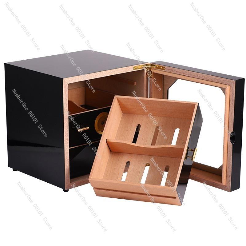 High-gloss black piano lacquer cigar cabinet cedar wood moisturizing humidor storage box large capacity luxury cigar collection