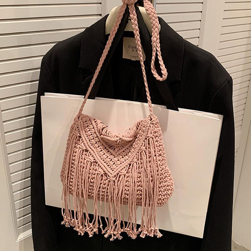 Fashion Casual Cotton Bag Hollow Tassel Beach Bag Flap Hand Woven Bag Cotton Rope Shoulder Crossbody Bag For Women