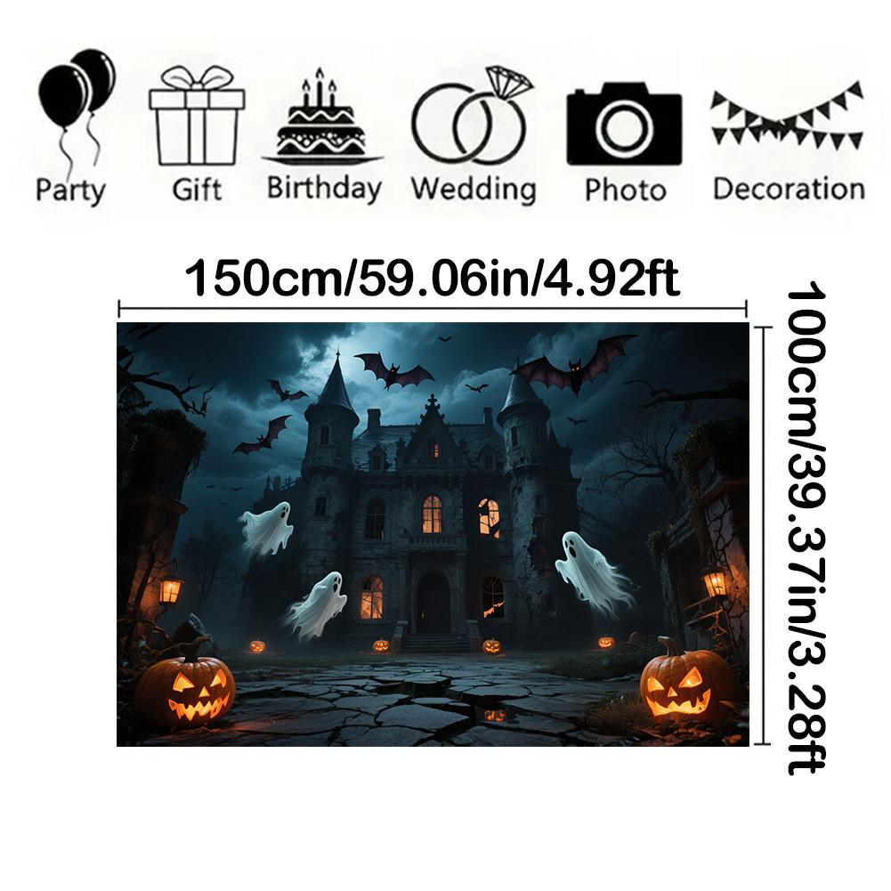 Фон для Хэллоуинской вечеринки с элементами тыквы, замка, летучей мыши, привидения для фотобудки, мероприятия, праздника, настенного декора