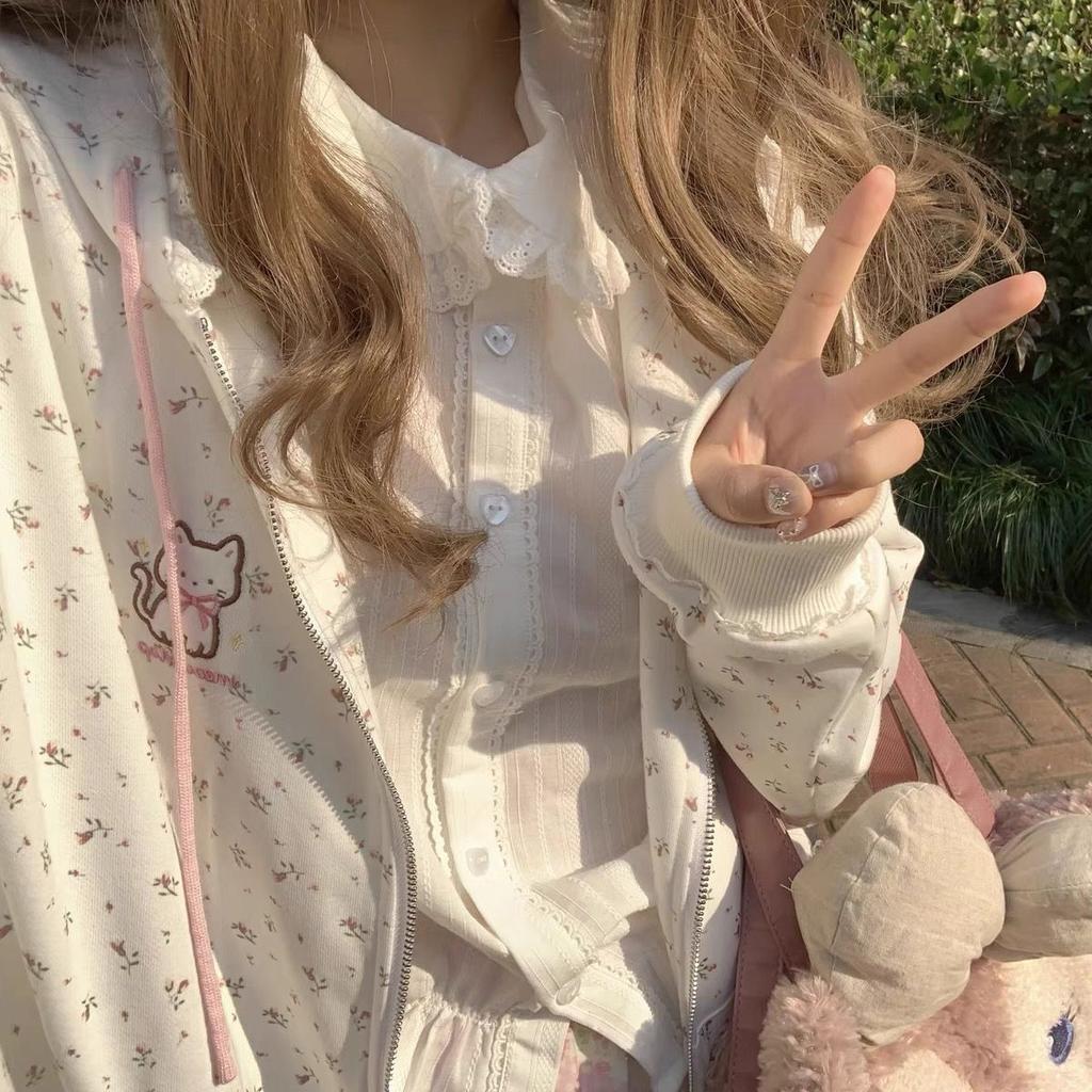Kawaii Sweet Harajuku Толстовка Женская Японская Мода Кружева Лоскутная Цветочный Принт Кошка Вышивка Толстовка На Молнии С Капюшоном