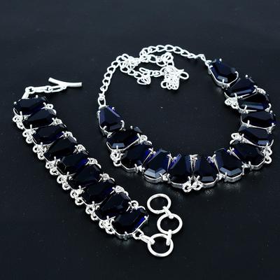 Комплект украшений: колье и браслет из синих сапфиров, драгоценный камень синий сапфир формы «гроб», серебро 925 пробы, ручная работа, уникальная коллекция, подарок на день рождения