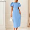 Women Summer Round Neck Puff Short Sleeve Casual Dress